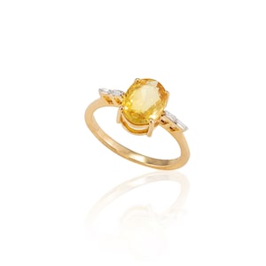 Solid 18K Gold, Natural Yellow Sapphire Ring, Real Diamond Ring, Statement Ring, Minimalist Ring, September Birthstone, women Gift Jewelry