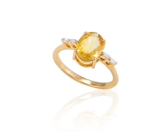 Solid 18K Gold, Natural Yellow Sapphire Ring, Real Diamond Ring, Statement Ring, Minimalist Ring, September Birthstone, women Gift Jewelry