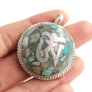 Nepali Turquoise Silver Pendant, Tibetan Style Silver Pendant, 925 Sterling Silver, Large Silver Necklace, Buddhist Prayer, Nepalese Jewelry