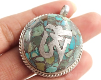 Nepali Turquoise Silver Pendant, Tibetan Style Silver Pendant, 925 Sterling Silver, Large Silver Necklace, Buddhist Prayer, Nepalese Jewelry