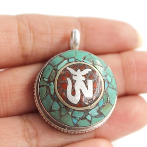 Nepali Turquoise Coral Silver Pendant, Tibetan Silver Pendant, 925 Sterling Silver, Large Silver Necklace, Buddhist Prayer, Nepalese Jewelry