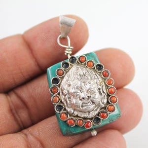 Nepali Turquoise Coral Buddha Pendant, Tibetan Pendant, 925 Sterling Silver, Agori Shiv Silver Necklace, Buddhist Prayer, Nepalese Jewelry