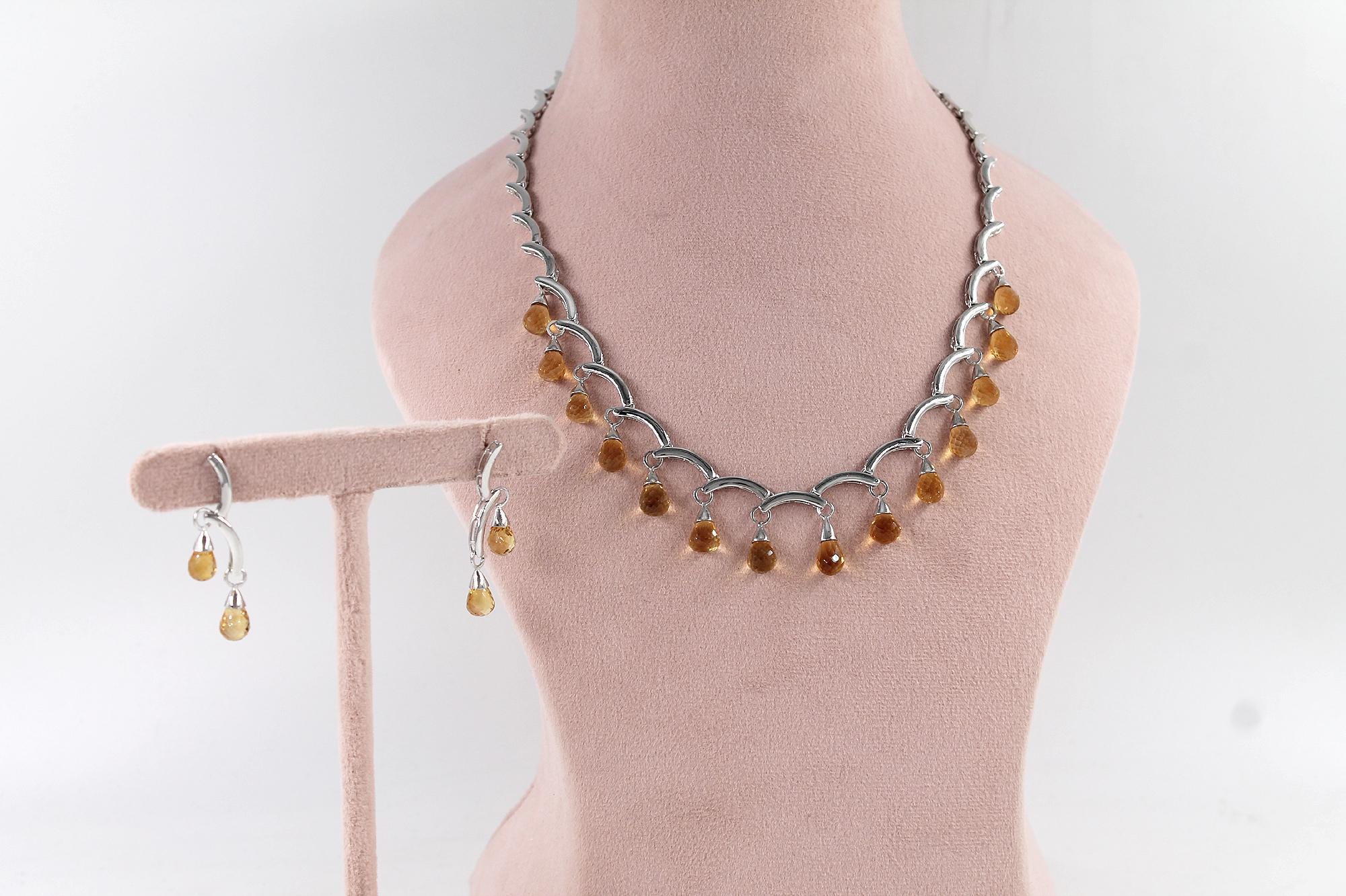 シトリン 925 スターリングシルバー ネックレス＆イヤリングセット 