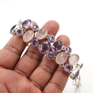 Natural Rose Quartz Amethyst Silver Bracelet, Solid Sterling 925 Silver Bracelet, February Birthstone, Bezel Setting Big Bracelet For Gift