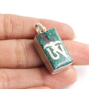 Nepali Turquoise Silver Pendant, Tibetan Style Silver Pendant, 925 Sterling Silver, Large Silver Necklace, Buddhist Prayer, Nepalese Jewelry