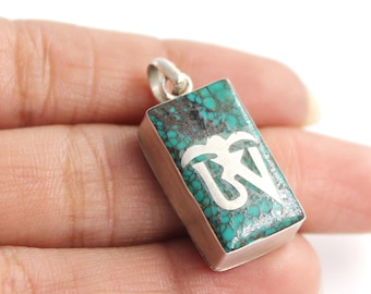 Nepali Turquoise Silver Pendant, Tibetan Style Silver Pendant, 925 Sterling Silver, Large Silver Necklace, Buddhist Prayer, Nepalese Jewelry