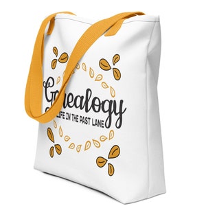 Genealogy Tote Bag in white with golden leaf motif and Life in the Past Lane text