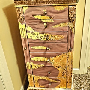 Hand Painted Pink Jewelry Armoire with Gold Leaf Accents