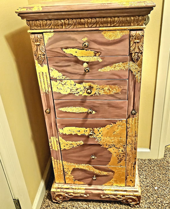 Hand Painted Pink Jewelry Armoire With Gold Leaf Accents Etsy