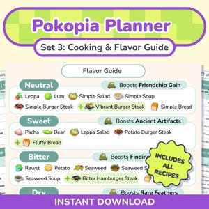 May include: A digital cooking and flavour guide titled "Pokopia Planner Set 3: Cooking & Flavour Guide." The guide includes a flavour guide with recipes and ingredient lists. The guide is an instant download.