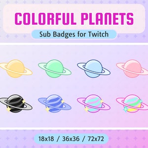Twitch Sub Badges | Colorful Planets | Bit Badges | Streamer | Kawaii Aesthetic
