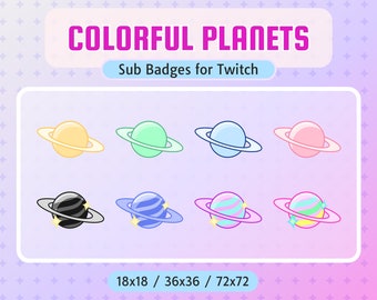 Colorful Planets Twitch Sub Badges: Kawaii Streamer Bit Badges (PNG Files)