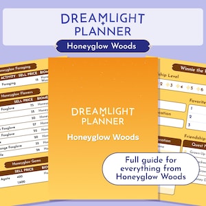 May include: A Dreamlight Planner guide for Honeyglow Woods featuring a central orange cover, a left page with tables for foraging, flowers, and gems, and a right page tracking Winnie the Pooh friendship levels, daily favorites, and quest names.