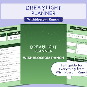 Puede incluir: Un planificador Dreamlight para Wishblossom Ranch, con una cubierta verde y texto blanco. El planificador incluye secciones para misiones, niveles y cosas favoritas. Se incluye una guía.