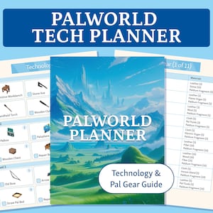 May include: A Palworld Tech Planner with a blue and white cover featuring a landscape illustration. The planner includes technology and gear guides, with lists of materials and crafting levels. The text "PALWORLD PLANNER" is prominently displayed.