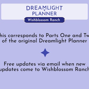 May include: A light purple digital planner information card with dark blue text reading Dreamlight Planner, Wishblossom Ranch, This corresponds to Parts One and Two of the original Dreamlight Planner, and Free updates via email when new updates come to Wishblossom Ranch.