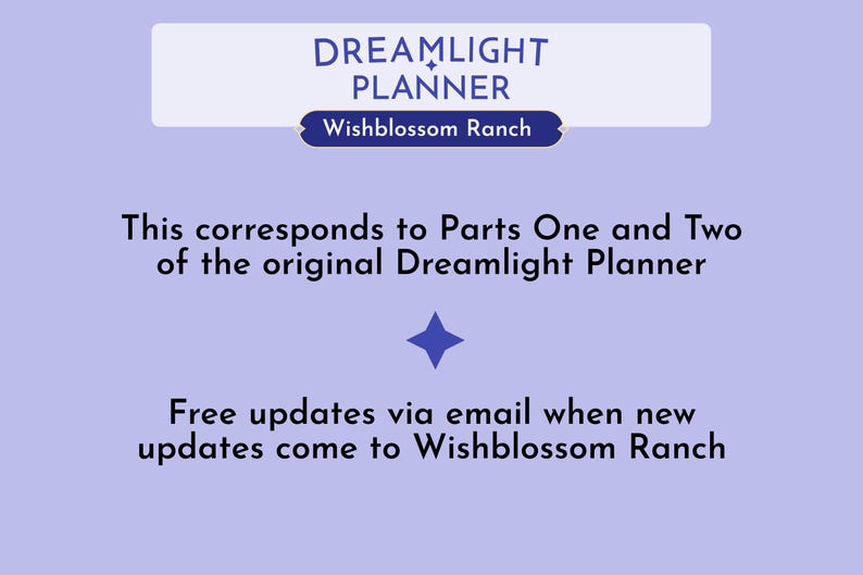May include: A light purple digital planner information card with dark blue text reading Dreamlight Planner, Wishblossom Ranch, This corresponds to Parts One and Two of the original Dreamlight Planner, and Free updates via email when new updates come to Wishblossom Ranch.