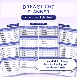 May include: A printable checklist for tracking Dreamlight Valley tasks. The checklist is divided into categories such as "Cook", "Harvest", "Repair Houses", "Upgrade Your House", "Mine Amethyst", "Mine Citrine", "Wave Daily Discussions", "Take Pictures", and "Make Best Friends". Each category has a table with tiers and corresponding Dreamlight rewards.