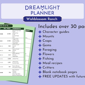 May include: A digital planner titled Dreamlight Planner Wishblossom Ranch featuring a light green page with a table listing meal recipes, star ratings, sell prices, and ingredients. The text lists over 30 pages including character guides, mounts, crops, gems, foraging, flowers, fishing, meal recipes, critters, and blank notebook pages.