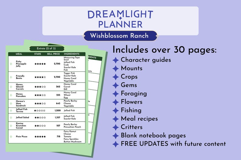 May include: A digital planner titled Dreamlight Planner Wishblossom Ranch featuring a light green page with a table listing meal recipes, star ratings, sell prices, and ingredients. The text lists over 30 pages including character guides, mounts, crops, gems, foraging, flowers, fishing, meal recipes, critters, and blank notebook pages.