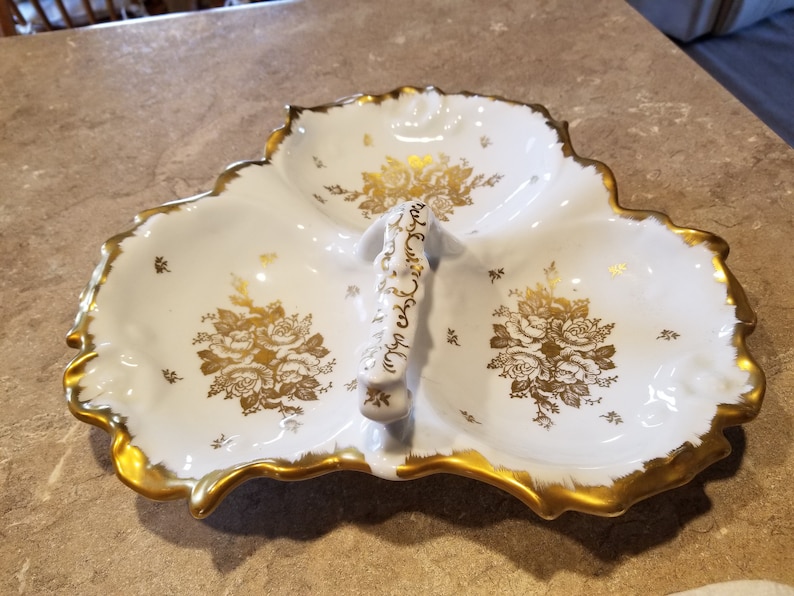 White Porcelain 3 Section Serving Dish With Hand Painted Gold Etsy