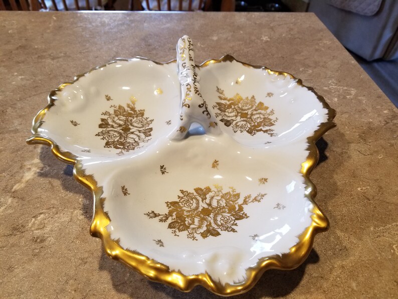 White Porcelain 3 Section Serving Dish With Hand Painted Gold Etsy