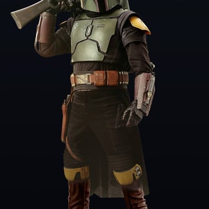 May include: A green and brown Mandalorian helmet with a black and brown suit, holding a blaster rifle. The suit has a brown leather belt with a metal buckle and a brown leather pouch on the left side. The suit also has a brown leather holster on the right side. The figure is standing on a black background.