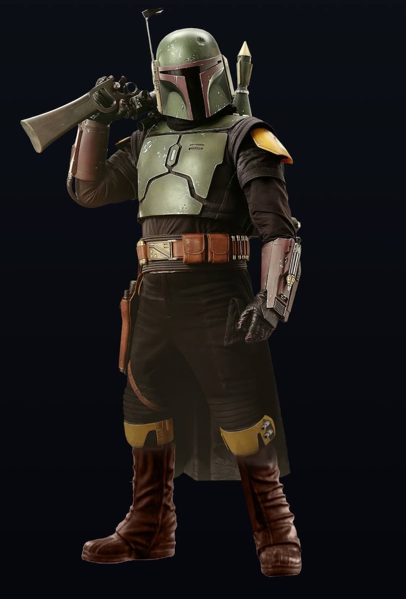 May include: A green and brown Mandalorian helmet with a black and brown suit, holding a blaster rifle. The suit has a brown leather belt with a metal buckle and a brown leather pouch on the left side. The suit also has a brown leather holster on the right side. The figure is standing on a black background.