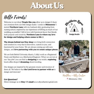 May include: A tan and white graphic with the text "About Us" at the top. The text describes the shop Northern Lane, its founders, and their design inspiration. Includes a photo of the owners and their shop logo.