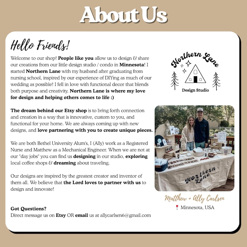 May include: A tan and white graphic with the text "About Us" at the top. The text describes the shop Northern Lane, its founders, and their design inspiration. Includes a photo of the owners and their shop logo.