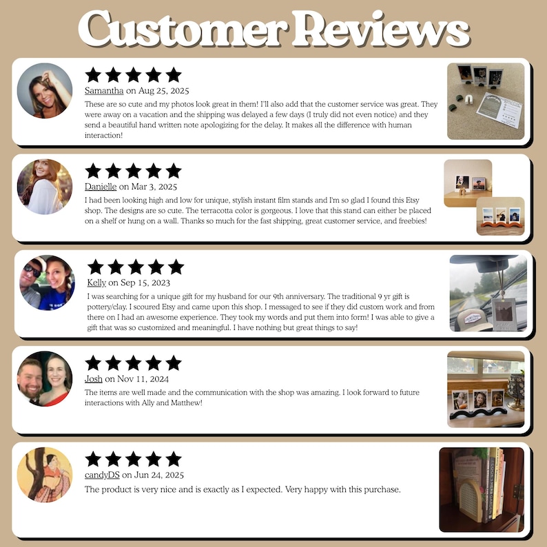 May include: A webpage titled "Customer Reviews" displays customer testimonials with profile pictures and star ratings. The reviews are dated and include comments about product quality, customer service, and satisfaction with purchases.