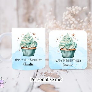 Personalized Blue Birthday Mug & Coaster Set: Cupcake Design