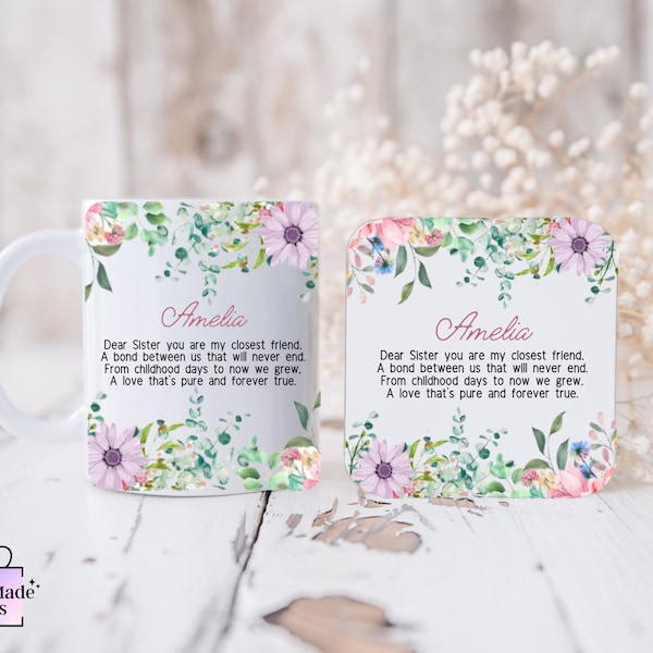 Personalised Sister Floral Mug | Gift for Sister  | Sentimental Sister Mug & Coaster | Birthday Gift for Sister | Appreciation Sister Gift