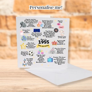 70e anniversaire né en 1955 | 70e anniversaire | Fiche d'information de 1955 | Cadeau de 1955 | 70e anniversaire carte de vœux | 70e carte pour lui ou elle