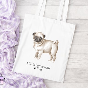 Personalized Pug Tote Bag: Reusable Shopping Bag, Dog Lover Gift