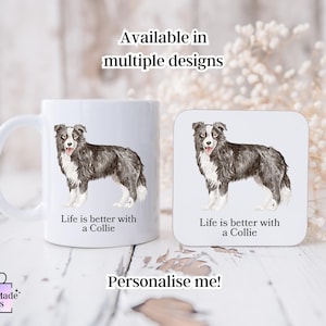 Personalised Collie Mug | Border Collie Gift Set | Border Collie Coffee Cup & Coaster | Gift for Border Collie Owners