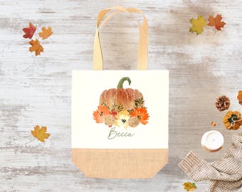 Personalized Autumn Pumpkin Tote Bag | Fall Floral Accessory