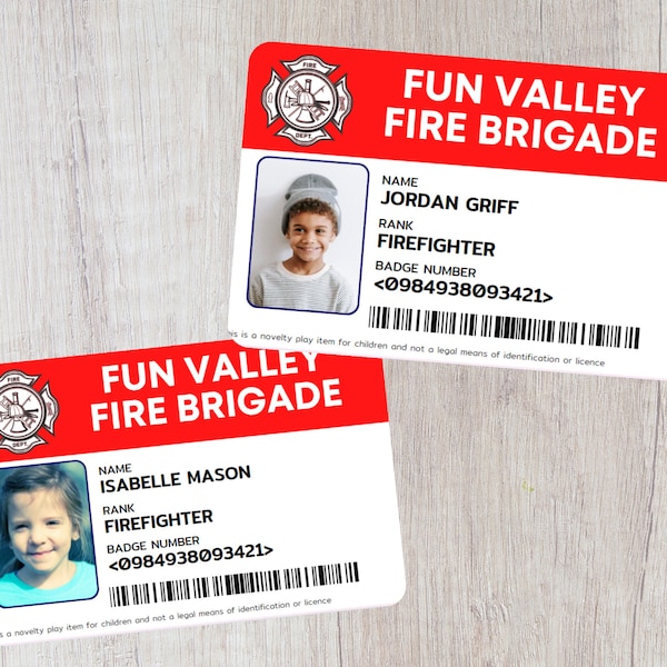 Personalised Child's Firefighter ID Badge, Novelty Fireman / Firefighter Work ID, Imaginative Play, Dress Up Accessory, Gifts for Children