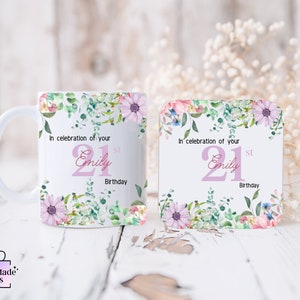 Ensemble personnalisé de tasse et de sous-verre pour 21e anniversaire : cadeau souvenir floral