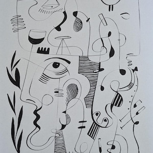 May include: Abstract black and white ink drawing featuring a series of interconnected shapes and lines. The artwork includes stylized faces, a wine glass, and musical notes. The artist's signature and the year '23 are visible in the lower right corner.