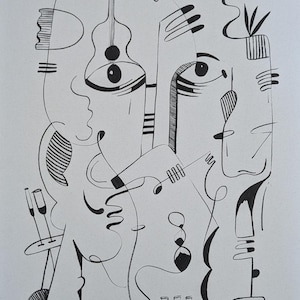 May include: Abstract black and white ink drawing on paper. The artwork features a stylized face composed of lines, shapes, and symbols, including a guitar, eyes, and wine glasses. The artist's signature is in the lower right corner.
