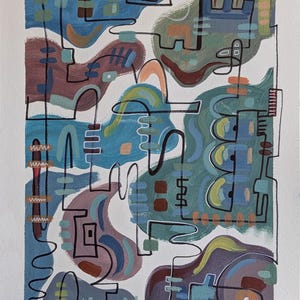 Pode incluir: Pintura abstrata acrílica sobre papel. A obra apresenta uma composição de formas orgânicas e elementos lineares em tons de azul, castanho, verde e amarelo, delineados com linhas pretas. A pintura tem uma estética moderna.