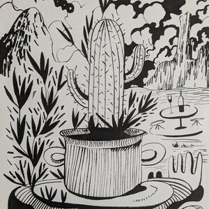 May include: Black and white line drawing of a cactus in a pot, with a table and wine glass in the background. The drawing is on a light gray background.