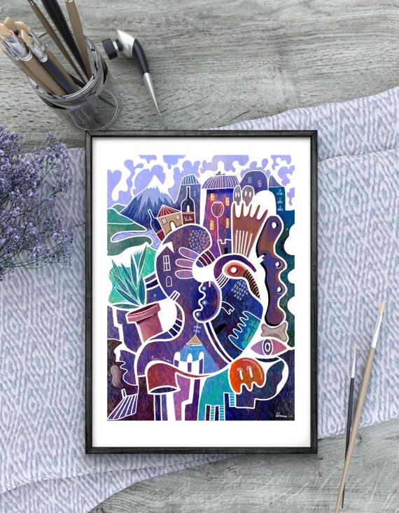 Village – Surreal Abstract Art Print | Colorful Cubist Landscape Wall Decor