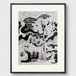 May include: Black and white ink drawing of a landscape with a tree, mountains, and a table with sliced citrus fruit. The artwork is framed in a black frame with a white mat.