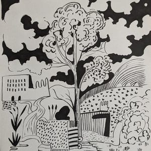 May include: Black and white ink drawing of a stylized landscape with a large tree in the center, a building in the background, and a winding path leading to a small pond.