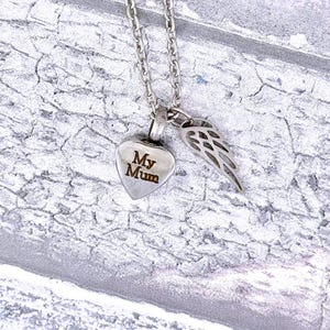Silver Mini Heart and Angel Wing Cremation Ashes Urn Jewellery Pendant. Custom Engraved Memorial Keepsake Necklace. Pet Cremation Jewelry