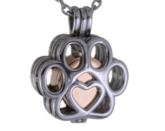 Pet Paw Cage Locket with Rose Gold Capsule Cremation Memorial Ashes Keepsake Urn Pendant, Polished Stainless Steel Engraved Urn Necklace