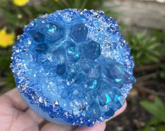 Ocean Blue Geode Quartz Cluster 80mm Large Sphere Funeral Cremation Urn, Memorial Ashes Keepsake Mini Urn, Cremation Urn Lamp