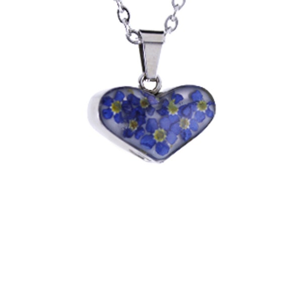 Forget-me-not Heart Cremation Ashes Memorial Engraved Keepsake Urn Pendant, Polished Stainless Steel Urn Necklace